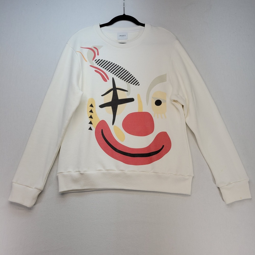 JAGVI. Sweatshirt Mens M‎ White Graphic Clown Rive Gauche Pullover Crewneck